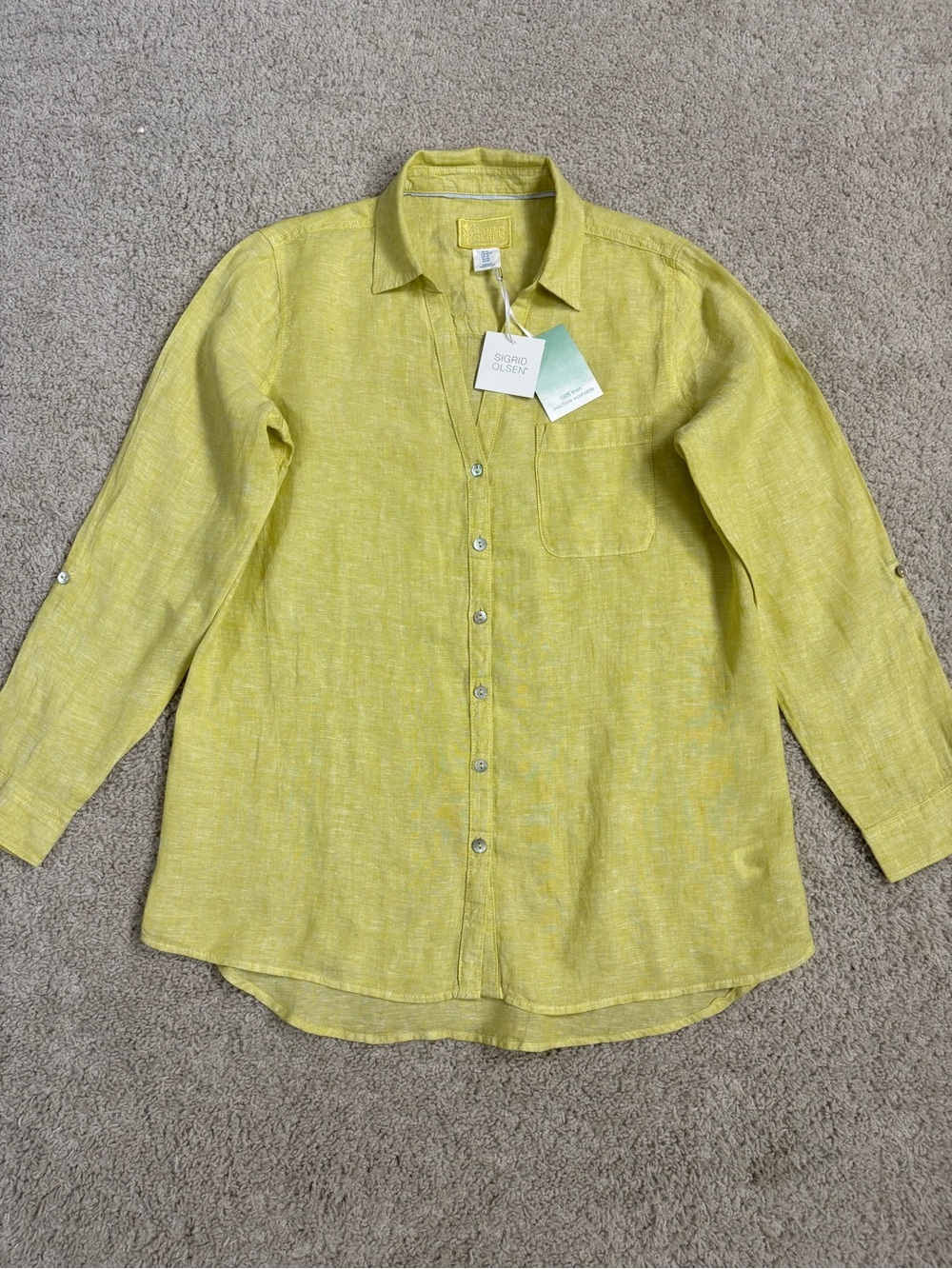 NWT! Women's SIGRID OLSEN Lime Green PURE LINEN Button Up SUMMER Blouse SHIRT M